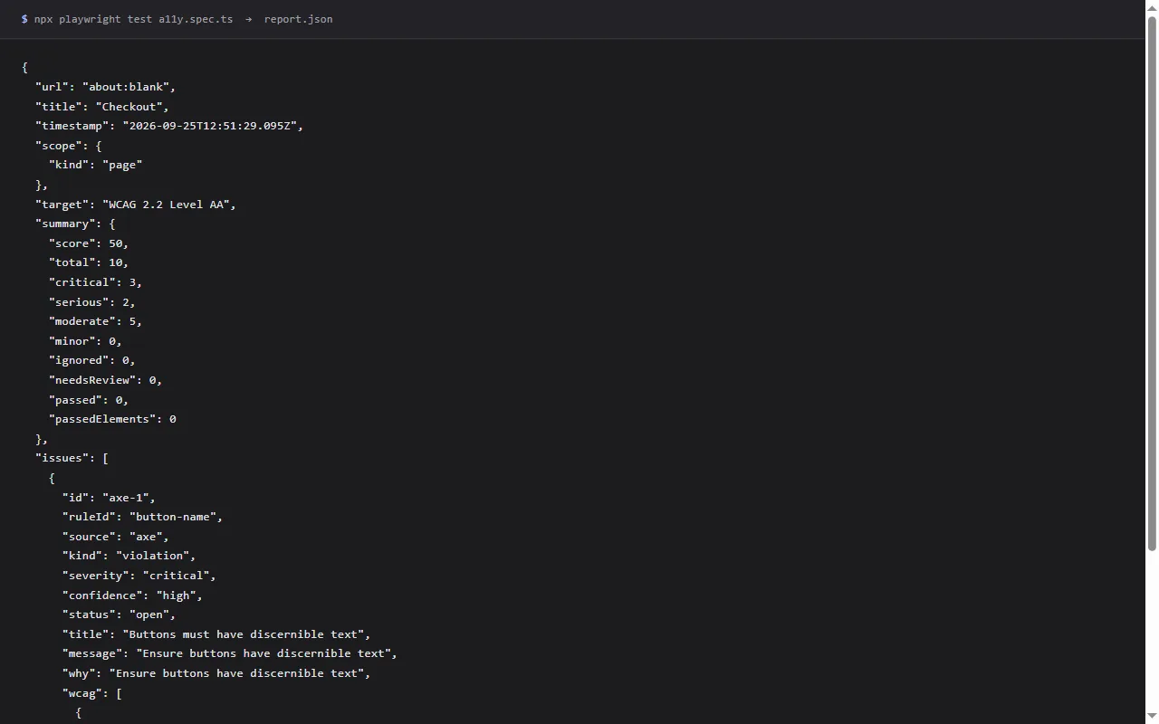 A terminal showing the JSON report the standalone bundle produces — a summary with counts by severity, then each finding with its rule id, severity, title and the WCAG criteria it breaks.