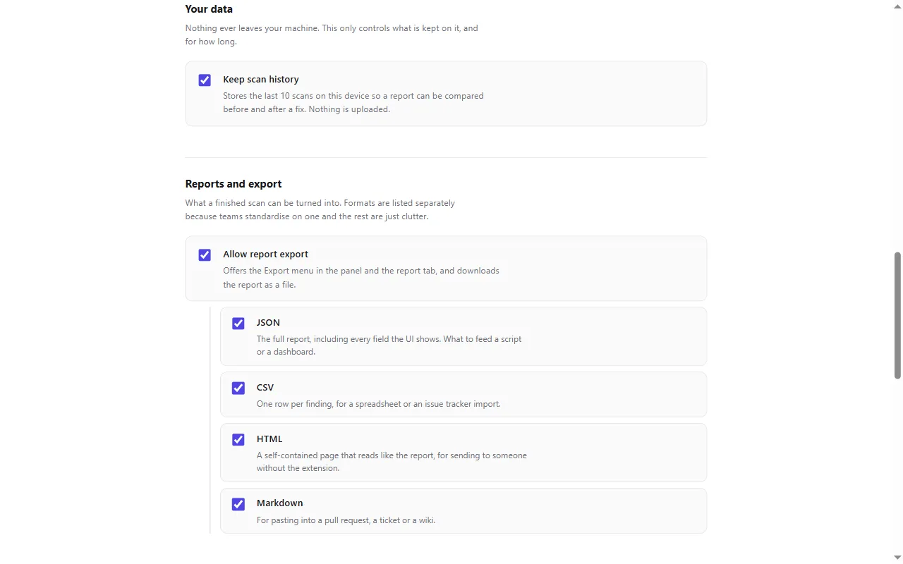 The settings page showing the controls for what is kept on the device: scan history can be switched off and cleared, and recorded flows and review notes deleted.