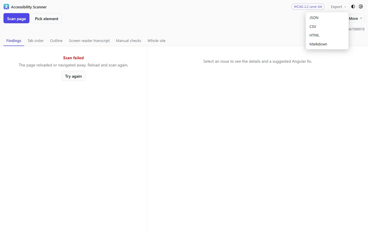 A finding open in the panel with the export menu showing the four formats: JSON, CSV, HTML and Markdown.