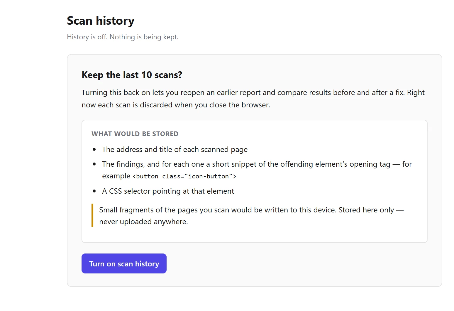 The settings page showing the controls for what is kept on the device: scan history can be switched off and cleared, and recorded flows and review notes deleted.