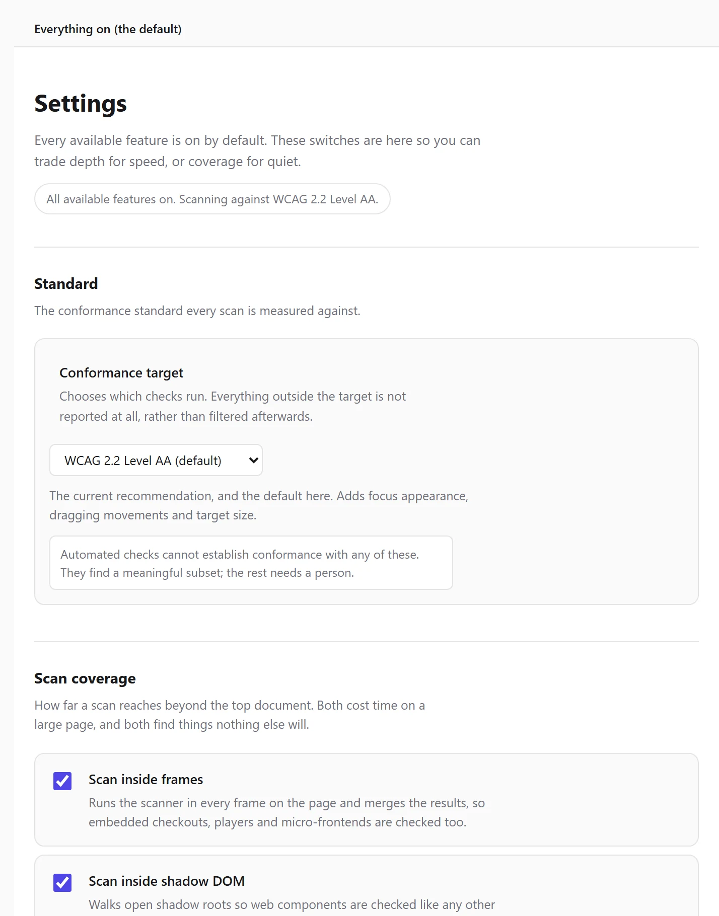 The settings page with the conformance target list open, showing WCAG 2.0, 2.1 and 2.2 alongside Section 508, EN 301 549, Trusted Tester and RGAA.