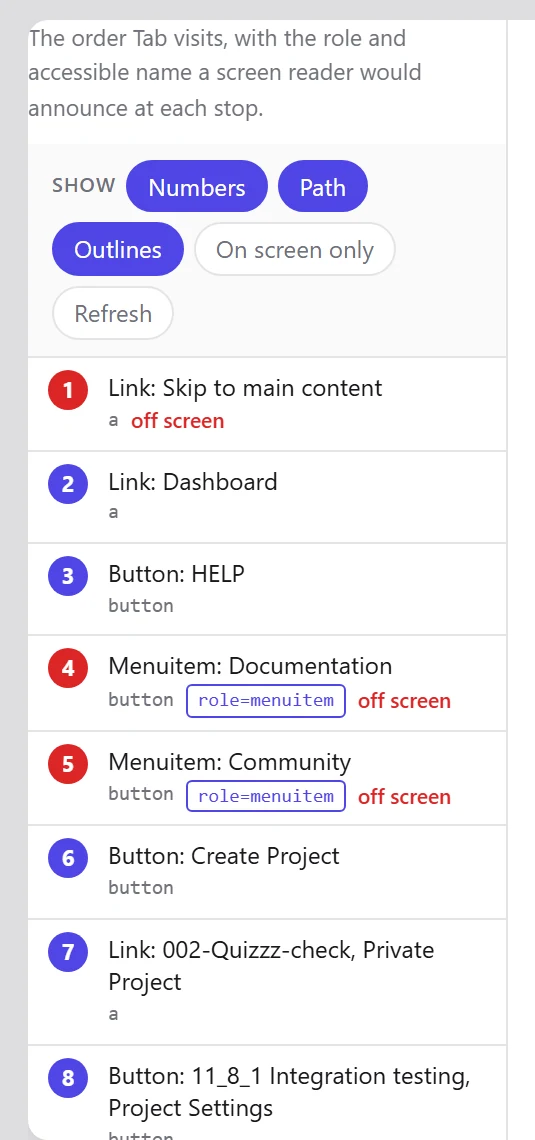 A page with the tab order drawn over it: numbered badges on each focusable control, joined by lines showing the path the keyboard takes through them.