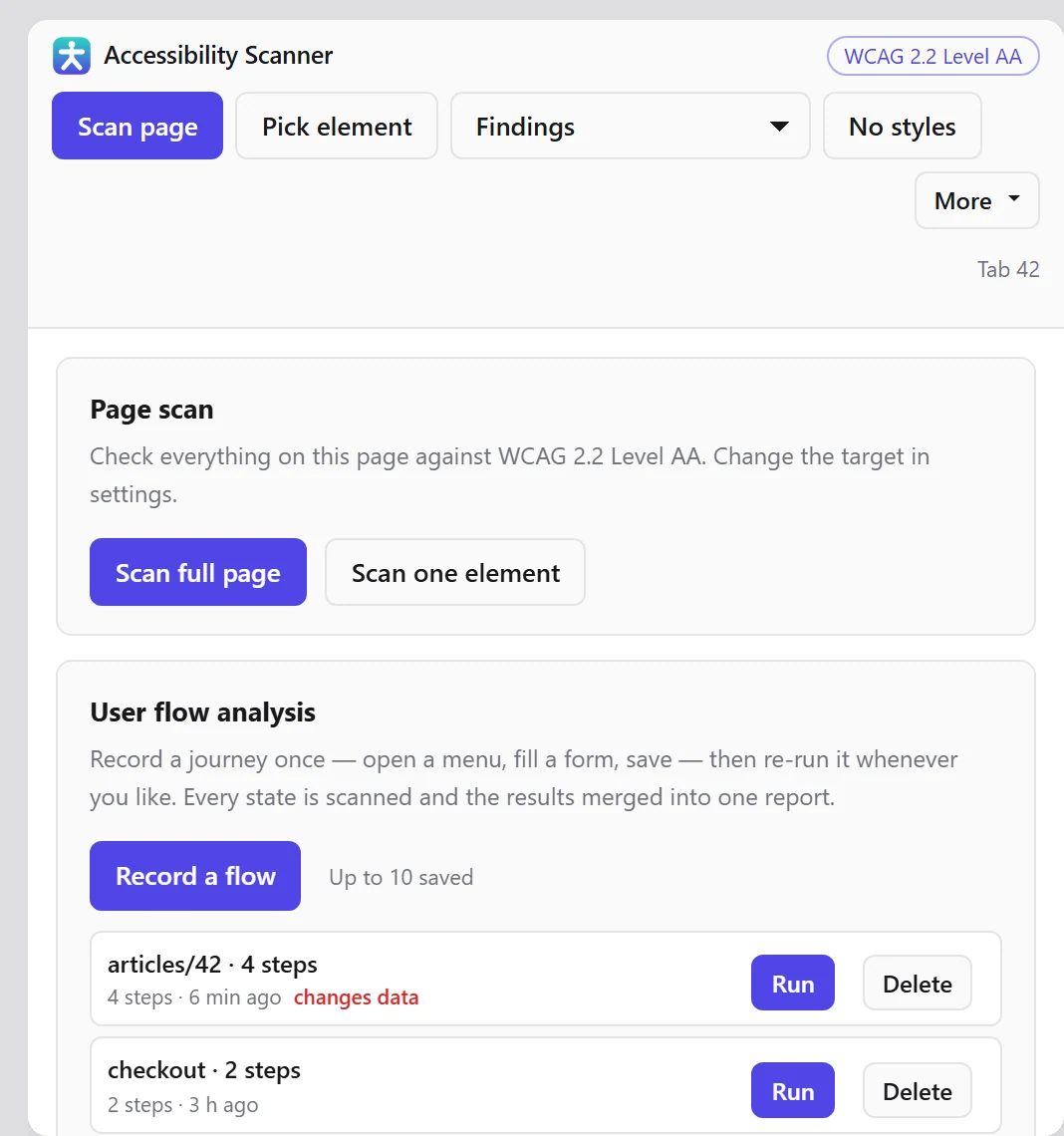 The panel’s home screen, where recorded user flows are listed and replayed.