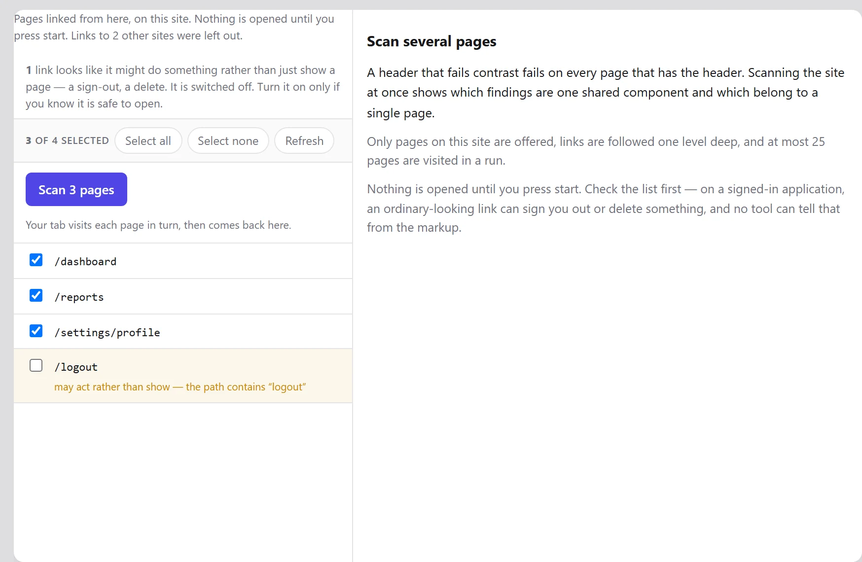 The whole-site scan, listing the pages found on the current site with risky-looking links switched off, waiting for the list to be approved before anything is opened.