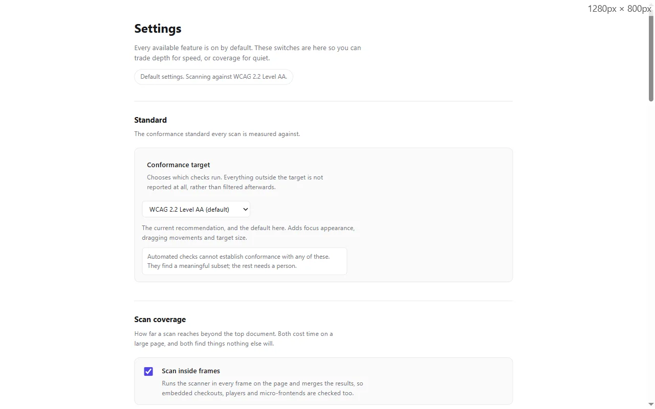 The settings page with the conformance target list open, showing WCAG 2.0, 2.1 and 2.2 alongside Section 508, EN 301 549, Trusted Tester and RGAA.