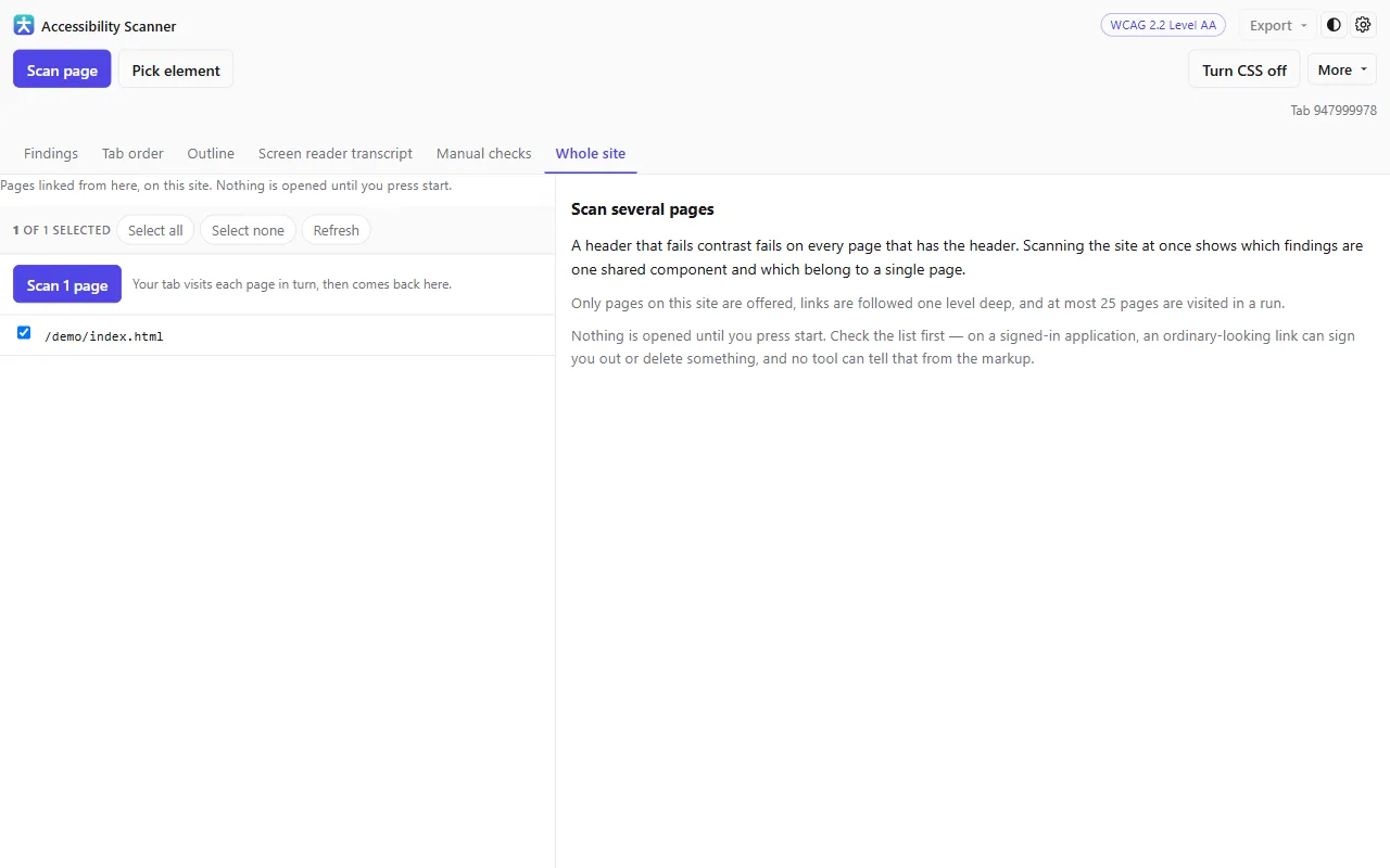 The whole-site scan, listing the pages found on the current site with risky-looking links switched off, waiting for the list to be approved before anything is opened.
